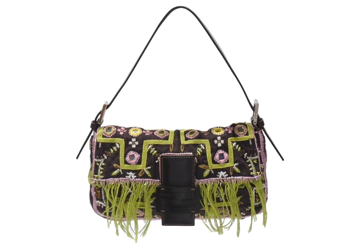 極美品 FENDI フェンディ ビーズ刺繍 マンマバケット ハンドバッグ