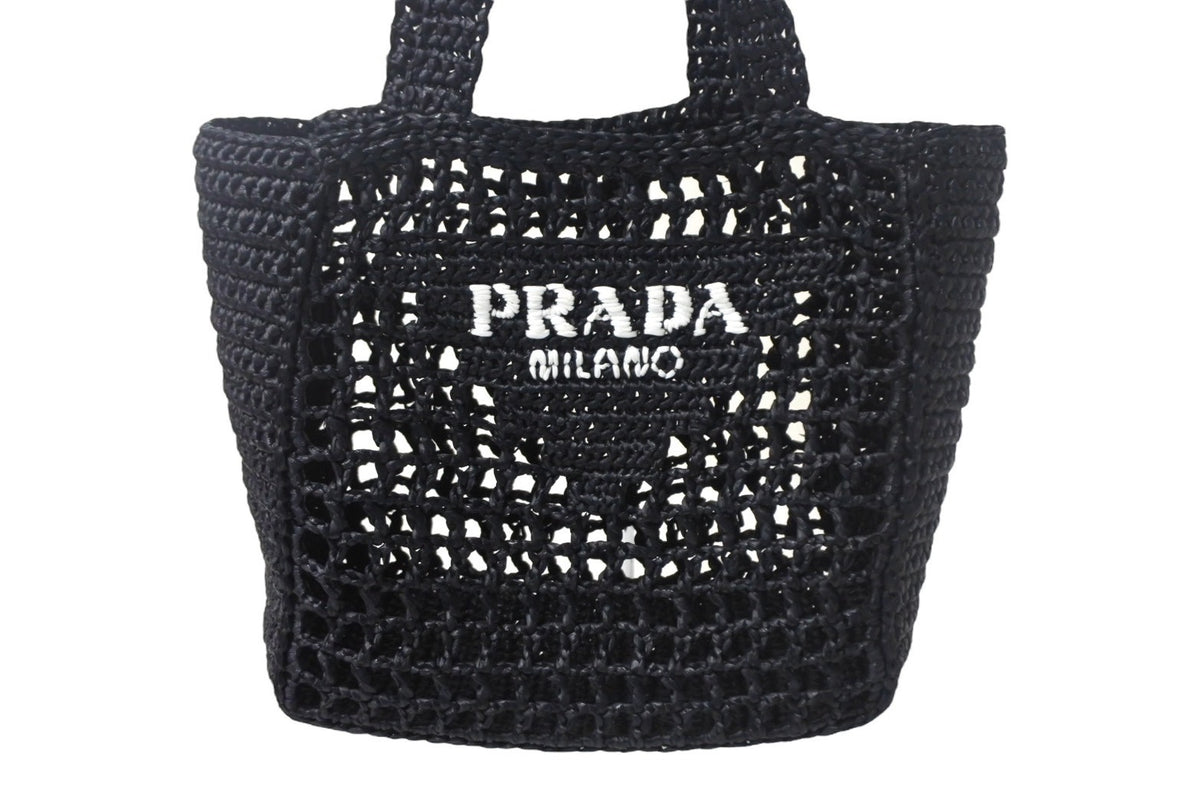 レア美品 PRADA ラフィア カナパ ハンドバッグ トートバッグ カゴバック 大人気】PRADA◇ラフィア メッシュ編み トートバッグ ロゴ付き (PRADA