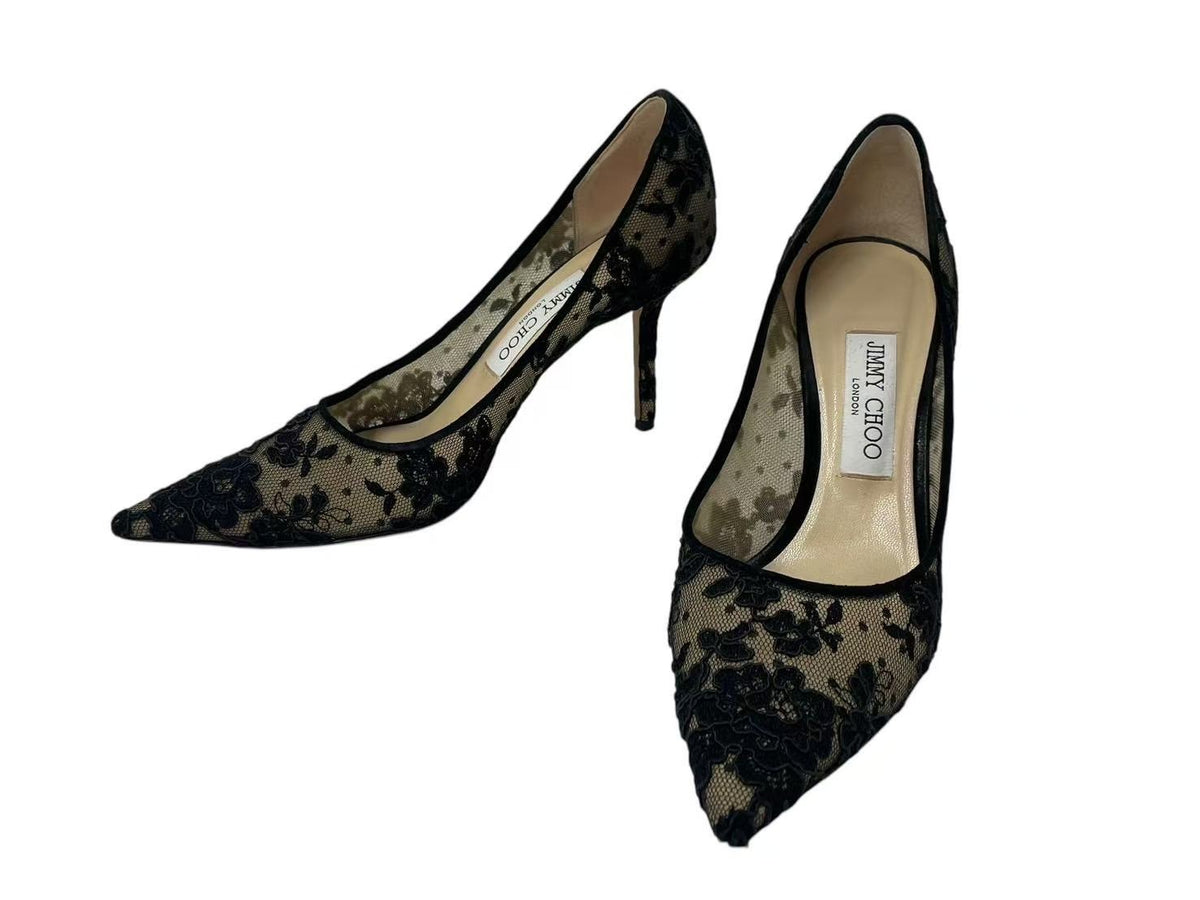 JIMMY CHOO ブラックレースハイヒールパンプス JIMMY CHOO ブラック レース オープントゥヒール JIMMY CHOO ブラック
