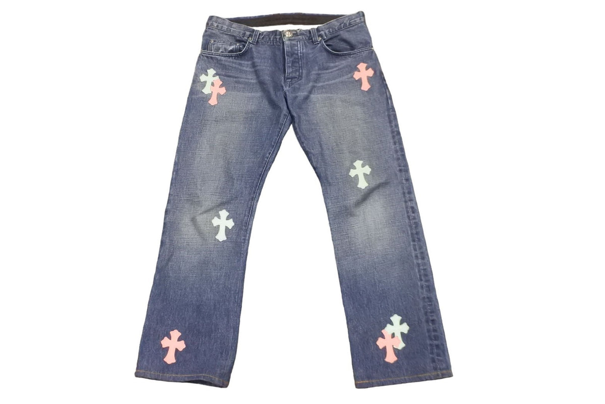 CHROME HEARTS クロムハーツ レザークロスパッチデニムパンツ ピンク スカイブルー サイズ34 美品 中古 59796 –  Casanova Vintage