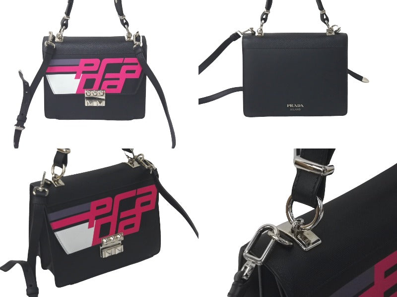 極美品 PRADA プラダ ２WAYショルダーバッグ サフィアーノレザー スタッズ ブラック ピンク レーシングロゴ 中古 61460 –  Casanova Vintage