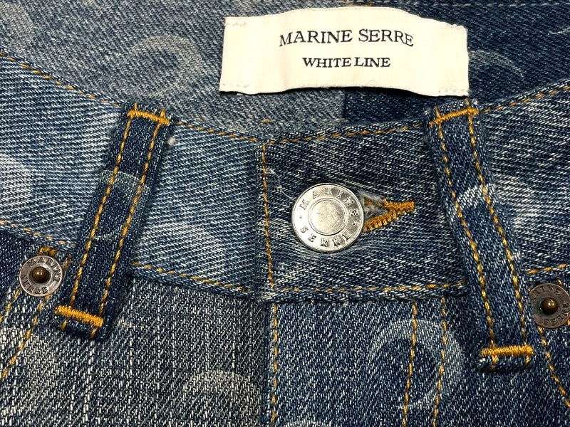 Marine Serre マリーンセル WHITE LINE パッチワーク デニムパンツ P009ICONW Sサイズ インディゴ ブルー 総柄 月  美品 中古 61689 – Casanova Vintage