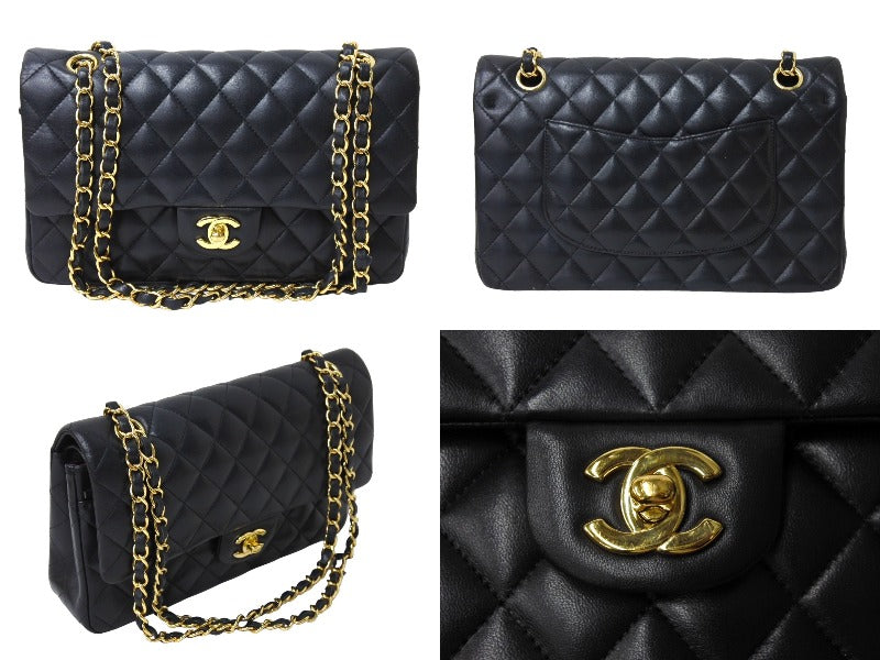 極美品 CHANEL シャネル チェーンショルダーバッグ Wフラップ マトラッセ25 ラムスキン 30番台 ブラック ゴールド金具 中古 65963  – Casanova Vintage