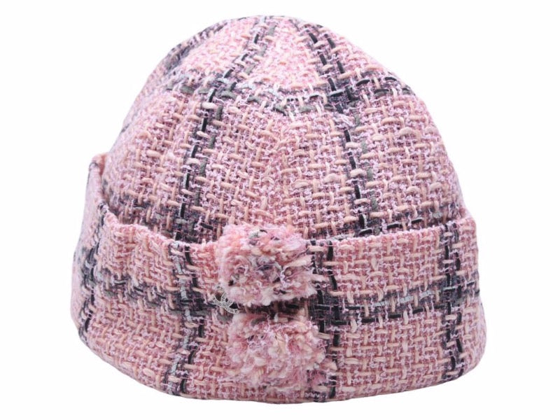 極美品 CHANEL シャネル ニットキャップ ピンク ツイード ココマーク
