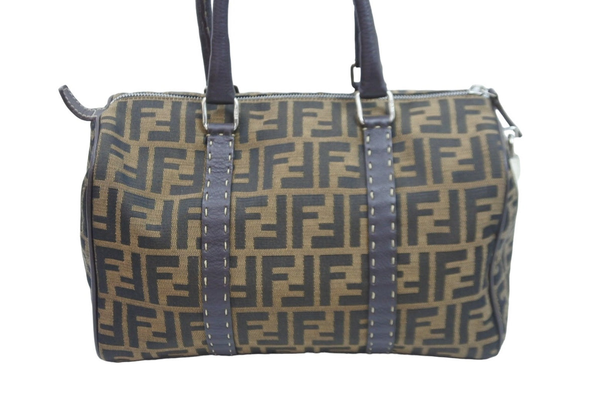 FENDI フェンディ ズッカ柄 ボストンバッグ コットンキャンバス レザー