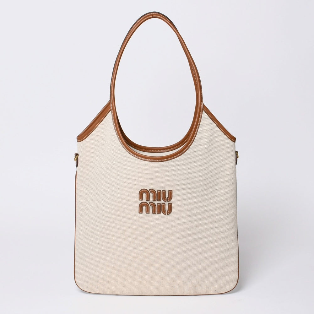 新品未使用 MIUMIU ミュウミュウ ロゴ トートバッグ ショルダーバッグ IVY 5BG231 キャンバス レザー ホワイト ブラウン 中古 4a000131