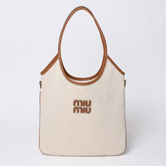 新品未使用 MIUMIU ミュウミュウ ロゴ トートバッグ ショルダーバッグ IVY 5BG231 キャンバス レザー ホワイト ブラウン 中古 4a000131