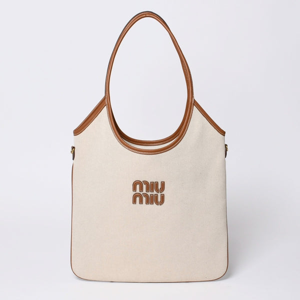 新品未使用 MIUMIU ミュウミュウ ロゴ トートバッグ ショルダーバッグ IVY 5BG231 キャンバス レザー ホワイト ブラウン 中古 4a000131