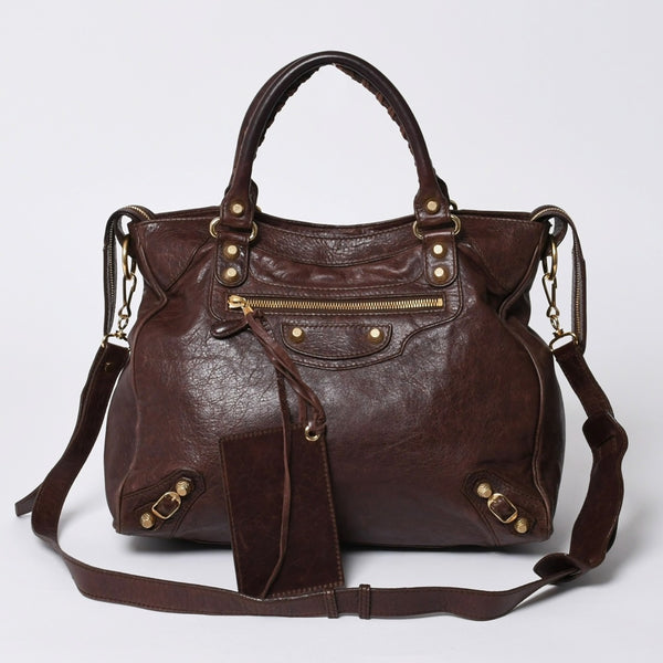 BALENCIAGA The Velo Shoulder Handbag 2way 282010 Brown Leather Champagne Gold Hardware Good Condition Used 4a000039