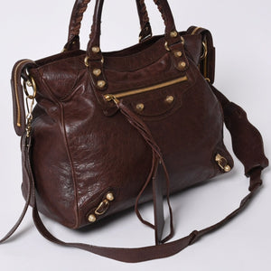 BALENCIAGA The Velo Shoulder Handbag 2way 282010 Brown Leather Champagne Gold Hardware Good Condition Used 4a000039