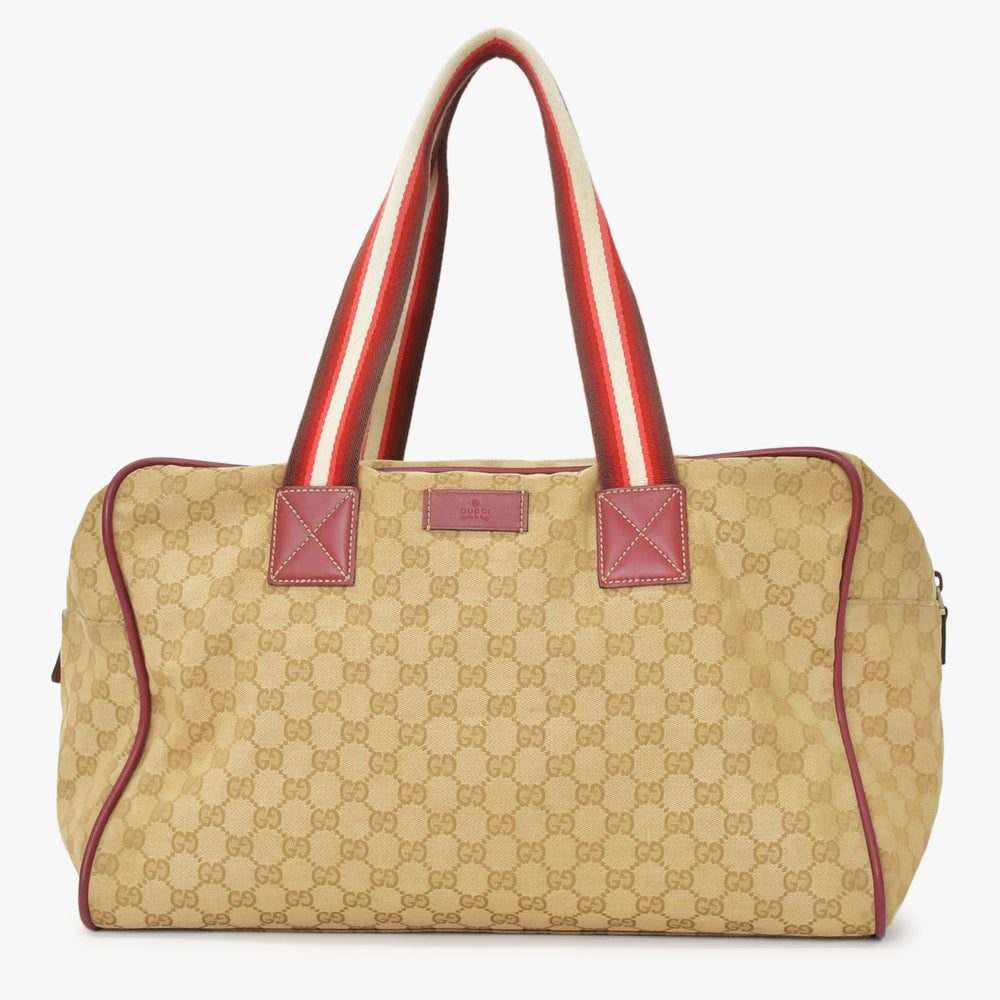 GUCCI GGキャンバス Boston Bag ボストンバッグ シェリーライン 153240 レザー ブラウン レッド 美品 中古 4a000175