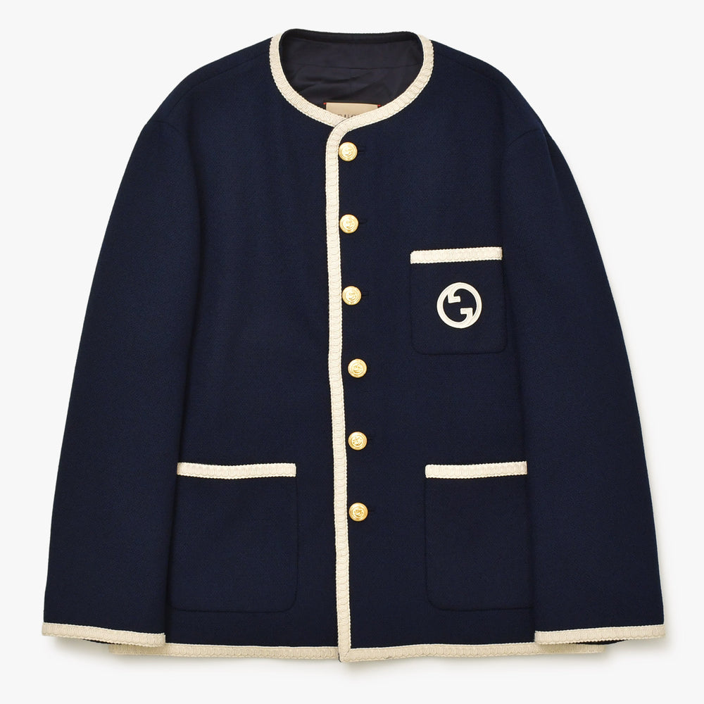 新品未使用 GUCCI グッチ ツイード ジャケット 741095 ネイビー GGロゴ サイズ50 ウール 中古 4a000344