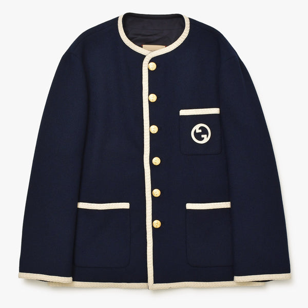 New and unused GUCCI Gucci Tweed Jacket 741095 Navy GG Logo Size 50 Wool Used 4a000344