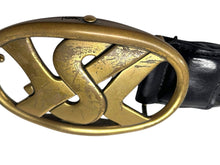 画像をギャラリービューアに読み込む, YVES SAINT LAURENT イヴサンローラン YSL ロゴ バックル ベルト ブラック レザー メッシュ 141516 ゴールド金具 小物 良品 中古 4b000533