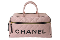 Very Good Condition CHANEL Boston Bag No. 3 Quilted Pink Logo Calfskin Gold Hardware Used 4b000100