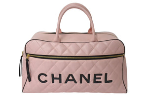 Very Good Condition CHANEL Boston Bag No. 3 Quilted Pink Logo Calfskin Gold Hardware Used 4b000100