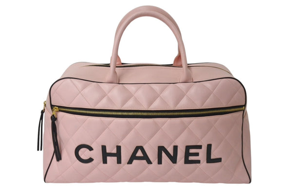 Very Good Condition CHANEL Boston Bag No. 3 Quilted Pink Logo Calfskin Gold Hardware Used 4b000100