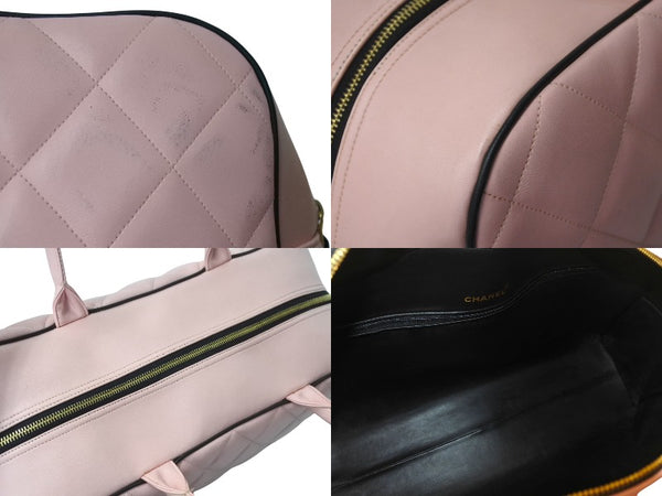 Very Good Condition CHANEL Boston Bag No. 3 Quilted Pink Logo Calfskin Gold Hardware Used 4b000100