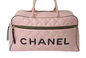 Very Good Condition CHANEL Boston Bag No. 3 Quilted Pink Logo Calfskin Gold Hardware Used 4b000100