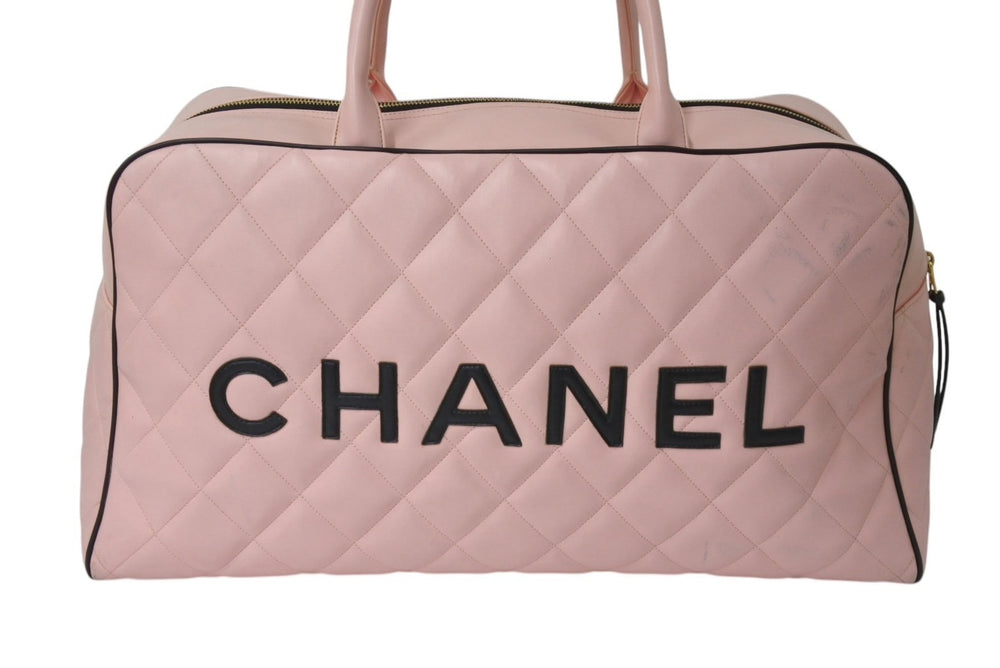 Very Good Condition CHANEL Boston Bag No. 3 Quilted Pink Logo Calfskin Gold Hardware Used 4b000100