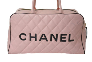 Very Good Condition CHANEL Boston Bag No. 3 Quilted Pink Logo Calfskin Gold Hardware Used 4b000100