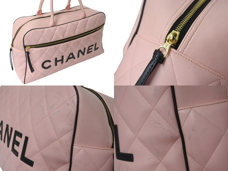 Very Good Condition CHANEL Boston Bag No. 3 Quilted Pink Logo Calfskin Gold Hardware Used 4b000100