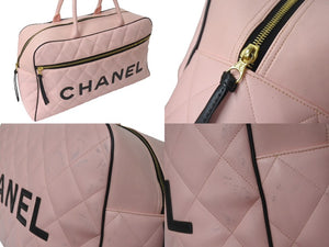 Very Good Condition CHANEL Boston Bag No. 3 Quilted Pink Logo Calfskin Gold Hardware Used 4b000100