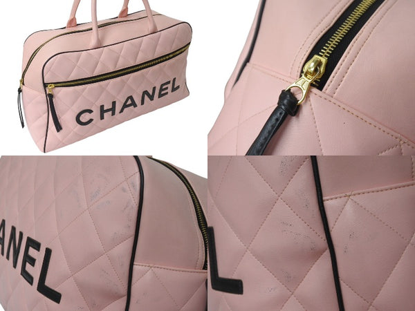 Very Good Condition CHANEL Boston Bag No. 3 Quilted Pink Logo Calfskin Gold Hardware Used 4b000100