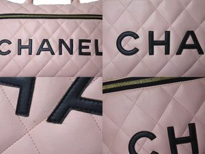 Very Good Condition CHANEL Boston Bag No. 3 Quilted Pink Logo Calfskin Gold Hardware Used 4b000100