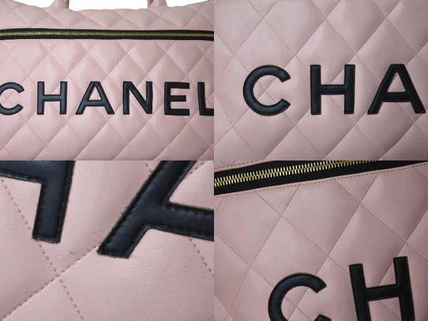 Very Good Condition CHANEL Boston Bag No. 3 Quilted Pink Logo Calfskin Gold Hardware Used 4b000100
