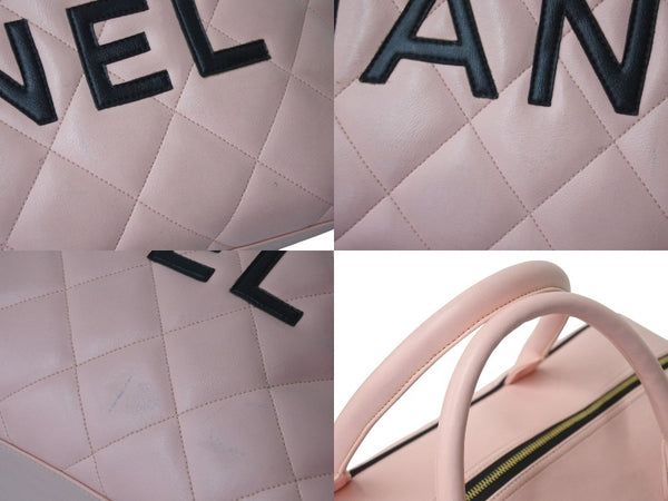 Very Good Condition CHANEL Boston Bag No. 3 Quilted Pink Logo Calfskin Gold Hardware Used 4b000100