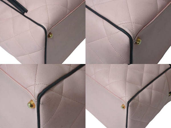 Very Good Condition CHANEL Boston Bag No. 3 Quilted Pink Logo Calfskin Gold Hardware Used 4b000100