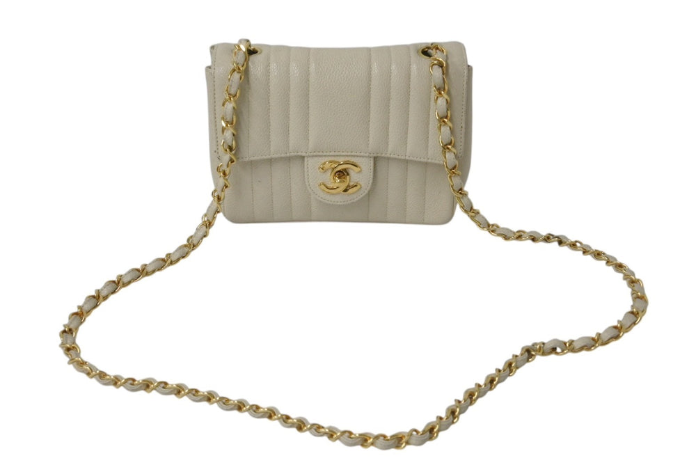 CHANEL Mini Matelasse Mademoiselle Caviar Skin Coco Mark No. 3 Beige Good Condition Used 4b000179