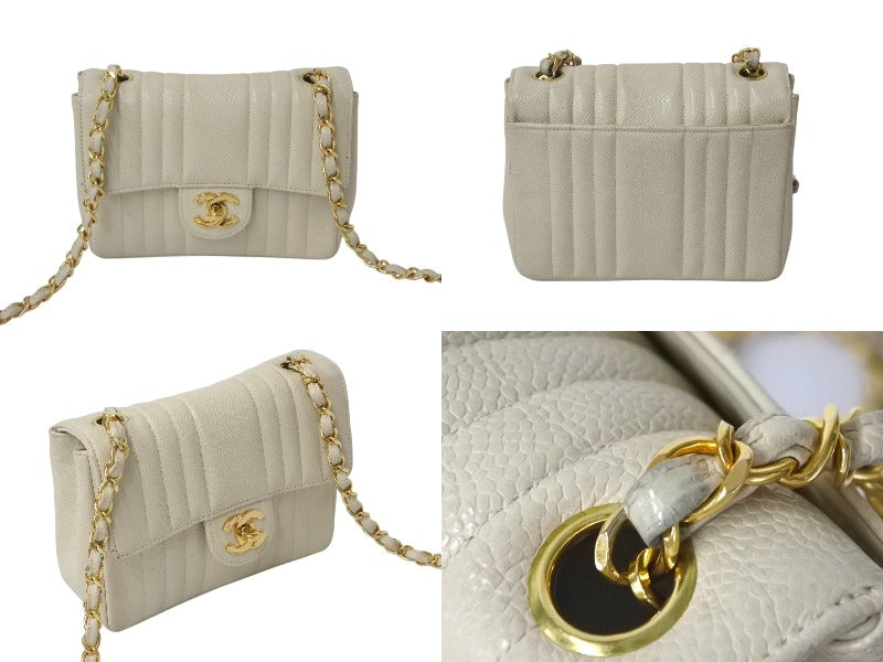 CHANEL Mini Matelasse Mademoiselle Caviar Skin Coco Mark No. 3 Beige Good Condition Used 4b000179