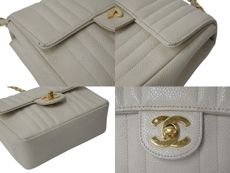 CHANEL Mini Matelasse Mademoiselle Caviar Skin Coco Mark No. 3 Beige Good Condition Used 4b000179