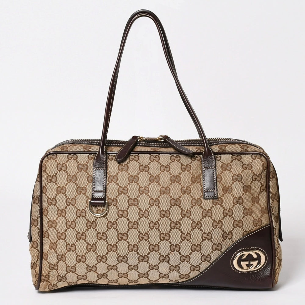 極美品 GUCCI グッチ ニューブリット GGキャンバス ハンドバッグ 169971 ベージュ ブラウン ゴールド金具 中古 4a003449