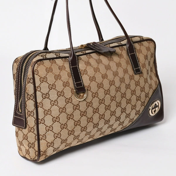 Very Good Condition GUCCI Gucci New Brit GG Canvas Handbag 169971 Beige Brown Gold Hardware Used 4a003449