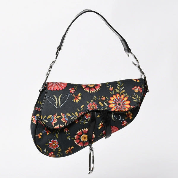 Christian Dior Galliano Period Saddle Bag Canvas Leather Navy Black Multicolor RU 0052 Floral Pattern Good Condition Used 4a008354
