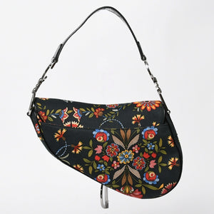 Christian Dior Galliano Period Saddle Bag Canvas Leather Navy Black Multicolor RU 0052 Floral Pattern Good Condition Used 4a008354