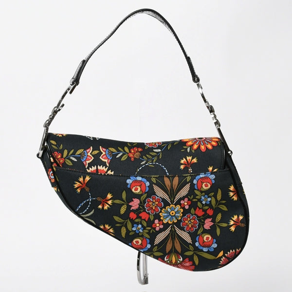 Christian Dior Galliano Period Saddle Bag Canvas Leather Navy Black Multicolor RU 0052 Floral Pattern Good Condition Used 4a008354