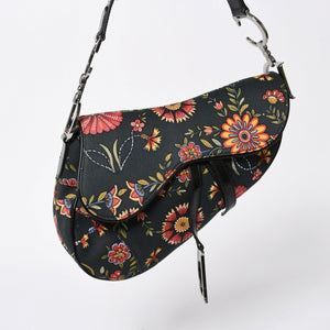 Christian Dior Galliano Period Saddle Bag Canvas Leather Navy Black Multicolor RU 0052 Floral Pattern Good Condition Used 4a008354