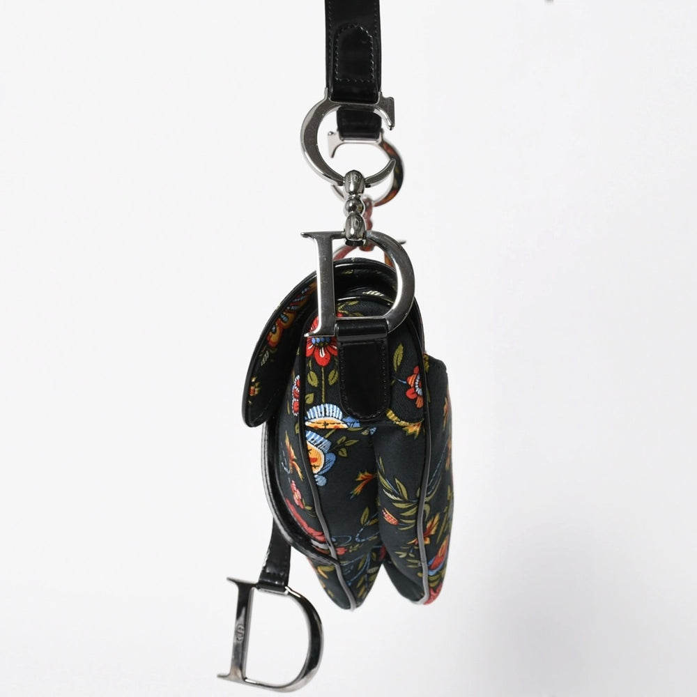 Christian Dior Galliano Period Saddle Bag Canvas Leather Navy Black Multicolor RU 0052 Floral Pattern Good Condition Used 4a008354