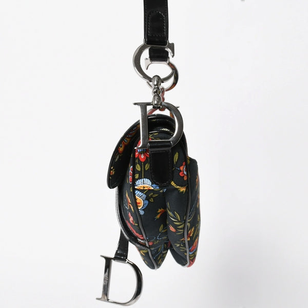 Christian Dior Galliano Period Saddle Bag Canvas Leather Navy Black Multicolor RU 0052 Floral Pattern Good Condition Used 4a008354