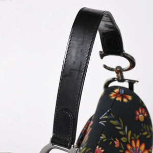 Christian Dior Galliano Period Saddle Bag Canvas Leather Navy Black Multicolor RU 0052 Floral Pattern Good Condition Used 4a008354