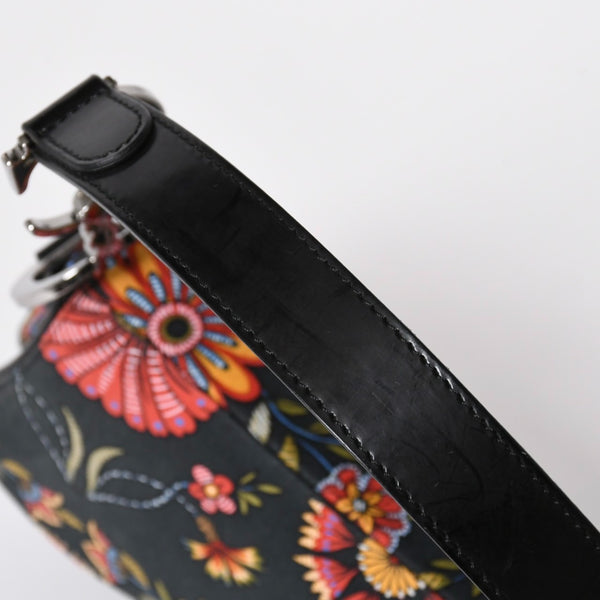 Christian Dior Galliano Period Saddle Bag Canvas Leather Navy Black Multicolor RU 0052 Floral Pattern Good Condition Used 4a008354