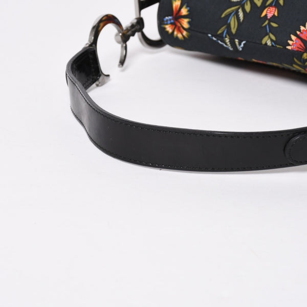 Christian Dior Galliano Period Saddle Bag Canvas Leather Navy Black Multicolor RU 0052 Floral Pattern Good Condition Used 4a008354