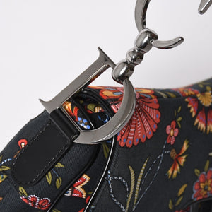 Christian Dior Galliano Period Saddle Bag Canvas Leather Navy Black Multicolor RU 0052 Floral Pattern Good Condition Used 4a008354