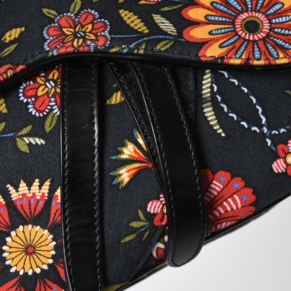 Christian Dior Galliano Period Saddle Bag Canvas Leather Navy Black Multicolor RU 0052 Floral Pattern Good Condition Used 4a008354
