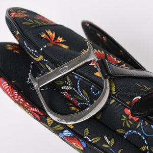 Christian Dior Galliano Period Saddle Bag Canvas Leather Navy Black Multicolor RU 0052 Floral Pattern Good Condition Used 4a008354