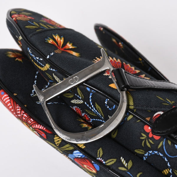 Christian Dior Galliano Period Saddle Bag Canvas Leather Navy Black Multicolor RU 0052 Floral Pattern Good Condition Used 4a008354